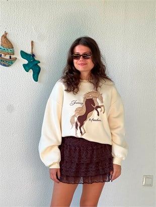 At İşlemeli Sweatshirt 02836 Bej
