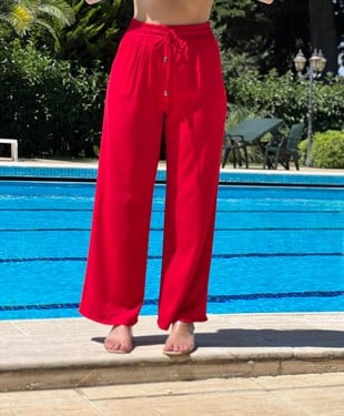 Beli Lastikli Palazzo Pantolon 70858 Kırmızı