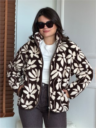 Çiçek Desenli Polar 23216 Kahverengi