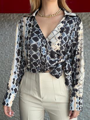Desenli Kruvaze Saten Bluz 23298 Bej
