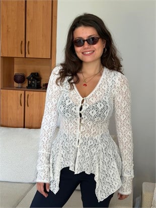 Düğmeli Peplum Dantel Hırka 60433 Ekru