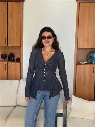 Düğmeli Peplum Dantel Hırka 60433 İndigo