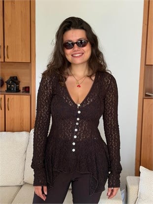 Düğmeli Peplum Dantel Hırka 60433 Koyu Kahve