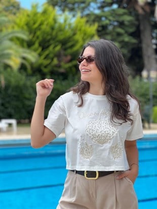 İnci Nakışlı Tshirt 01944 Ekru