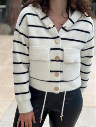 Kapşonlu Çizgili Hırka 140201 Siyah-Ekru