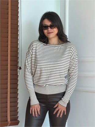 Tek Omzu Açık Çizgili Triko 251184 Vizon