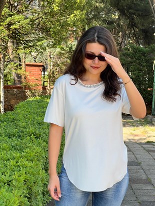 Yakası Taşlı Tshirt 30669 Ekru