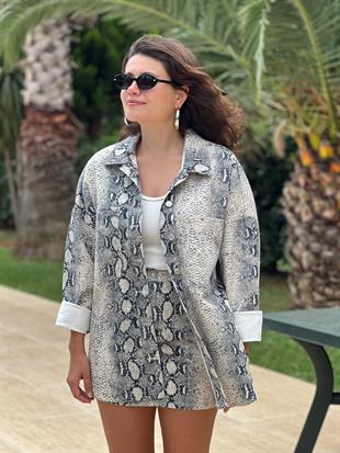 Yılan Desen Oversize Gömlek 50742 Ekru