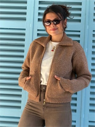 Yün Karışımlı Fermuarlı Triko Hırka 61003 Koyu Bej