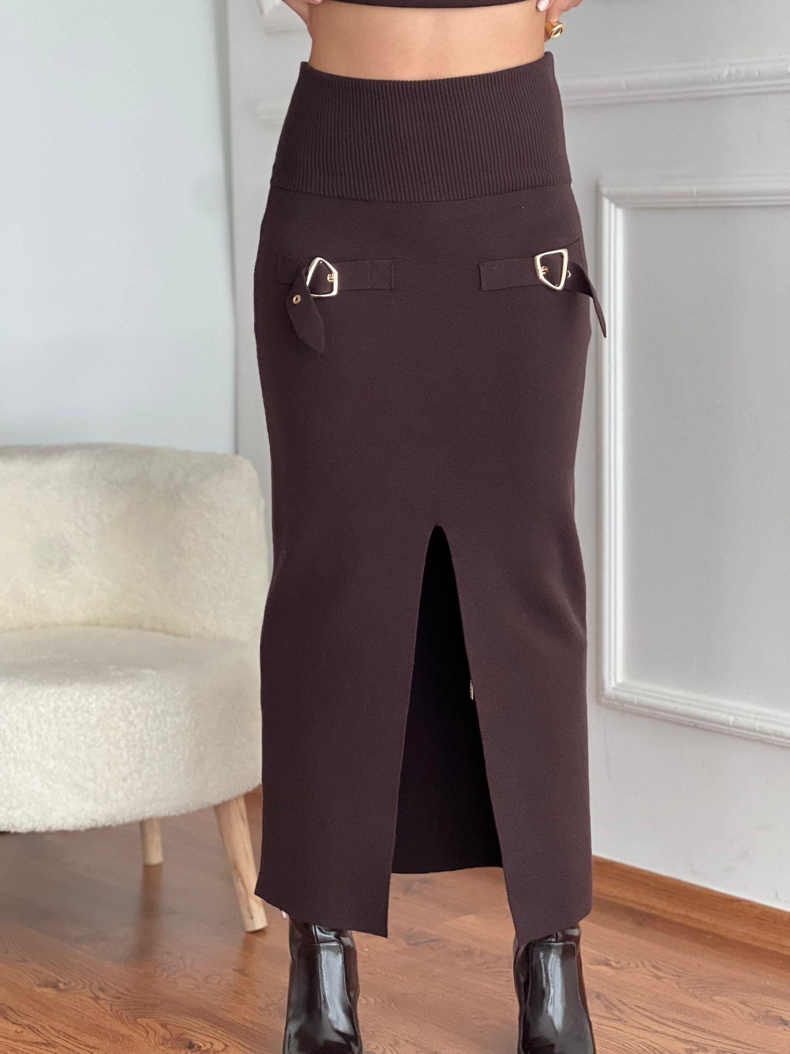 Aksesuar Detaylı Yırtmaçlı Triko Etek 80127 Kahverengi