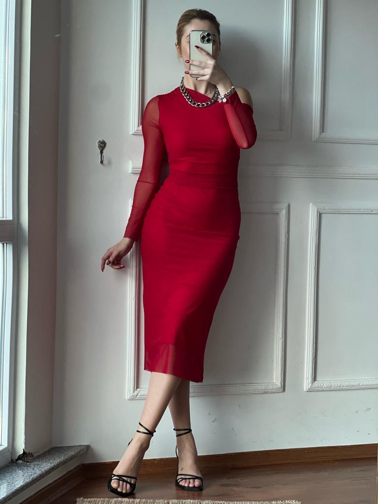 Asimetrik Yaka Tül Elbise 5402-455 Kırmızı