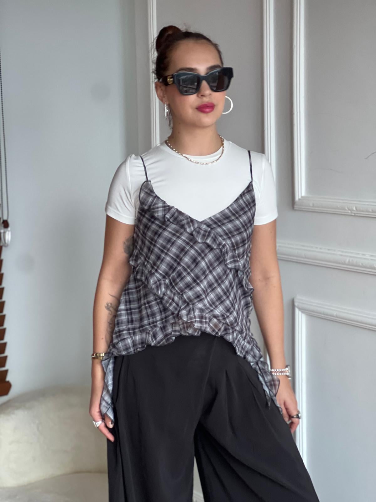 Askılı Ekoseli Şifon Bluz 01706 Gri