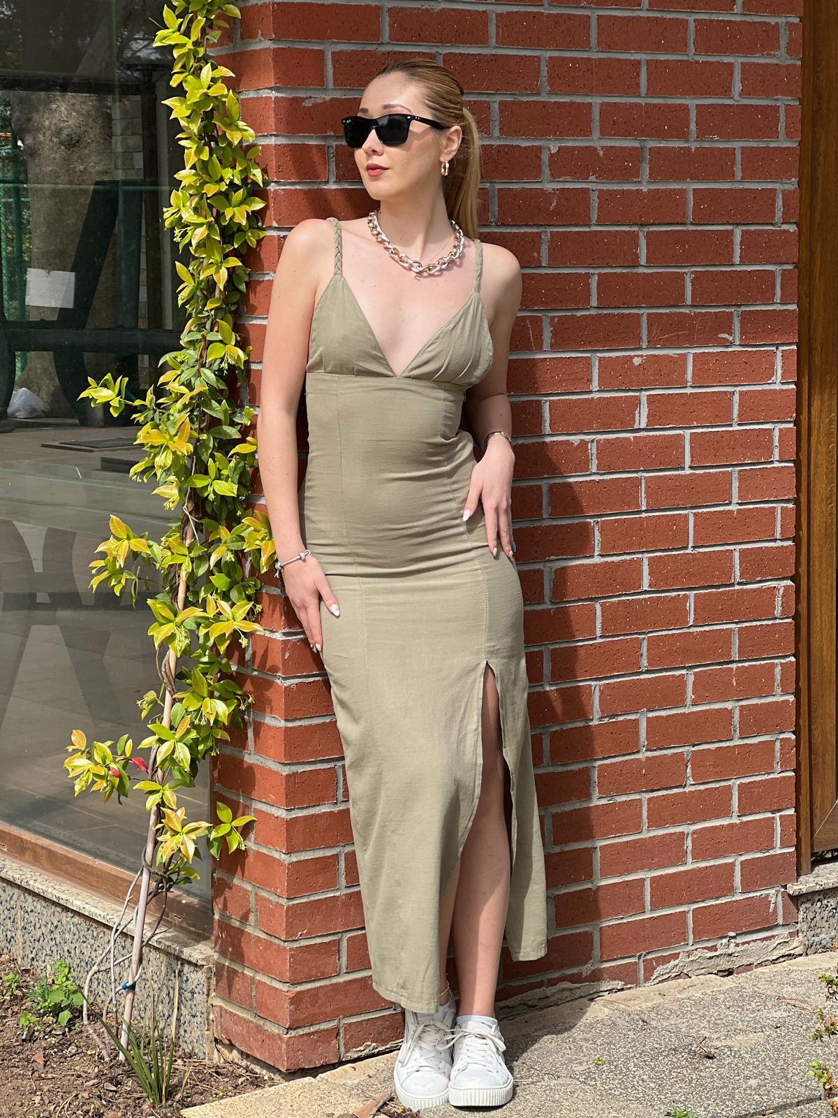 Askılı Keten Elbise 4201 Haki