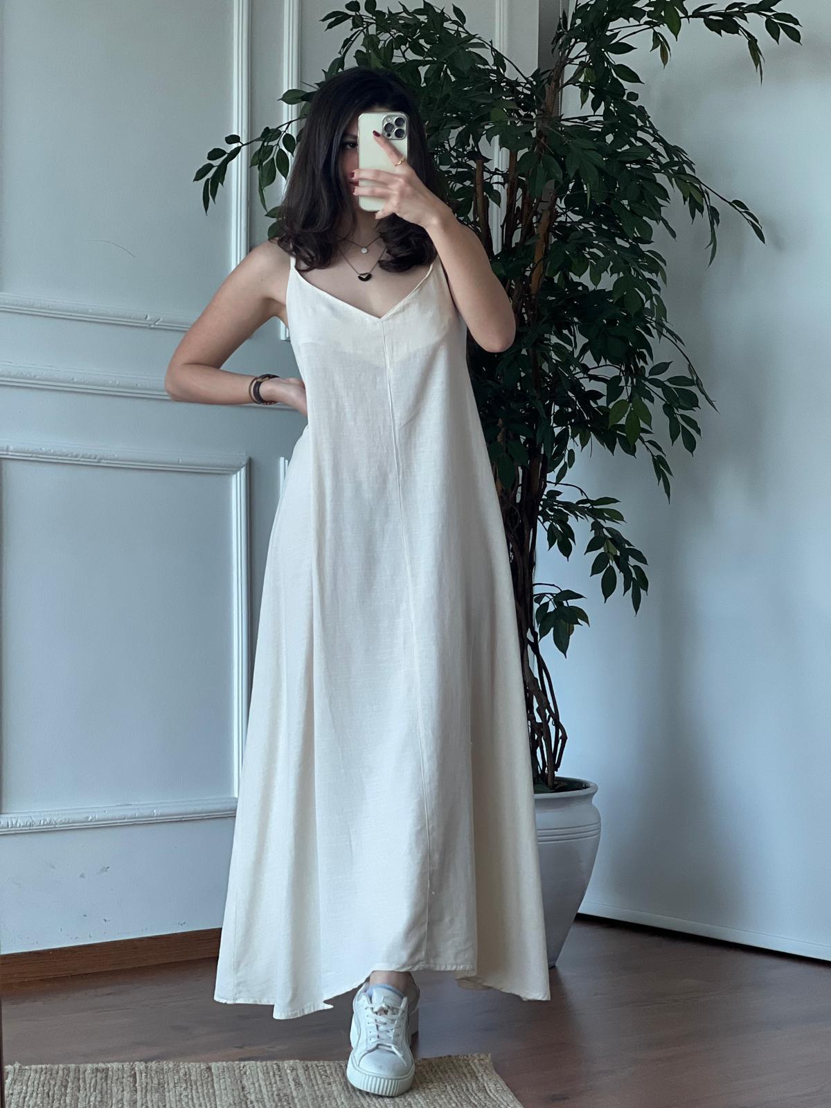 Askılı Keten Elbise 5636 Taş