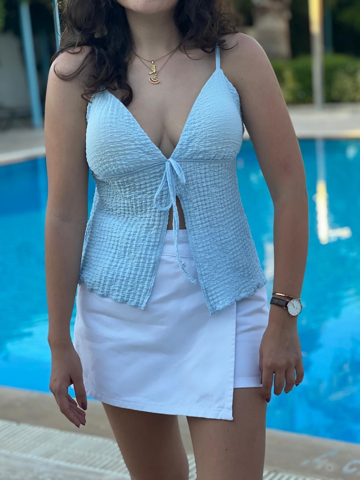 Askılı Krinkıl Bluz 17739 Bebe Mavisi