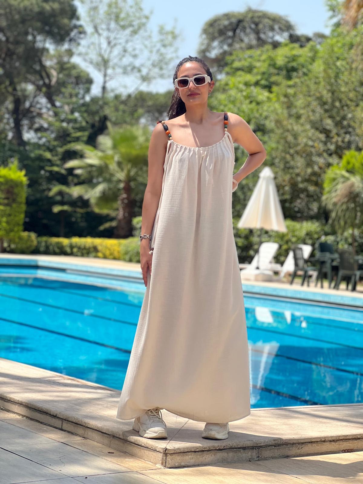 Askısı Boncuklu Elbise 24190 Bej