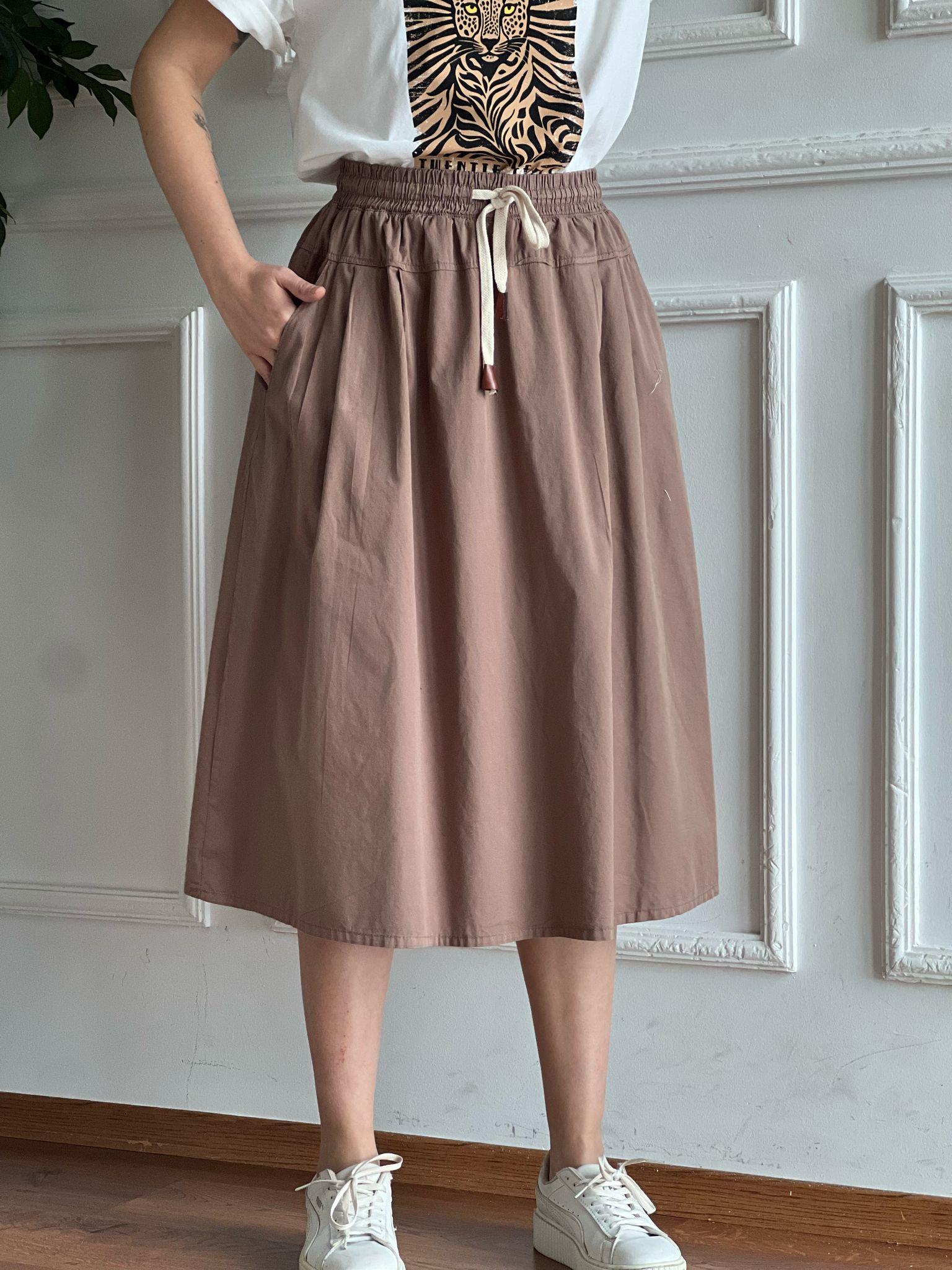 Bağcıklı Beli Lastikli Midi Boy Etek 4348-6698 Kahverengi