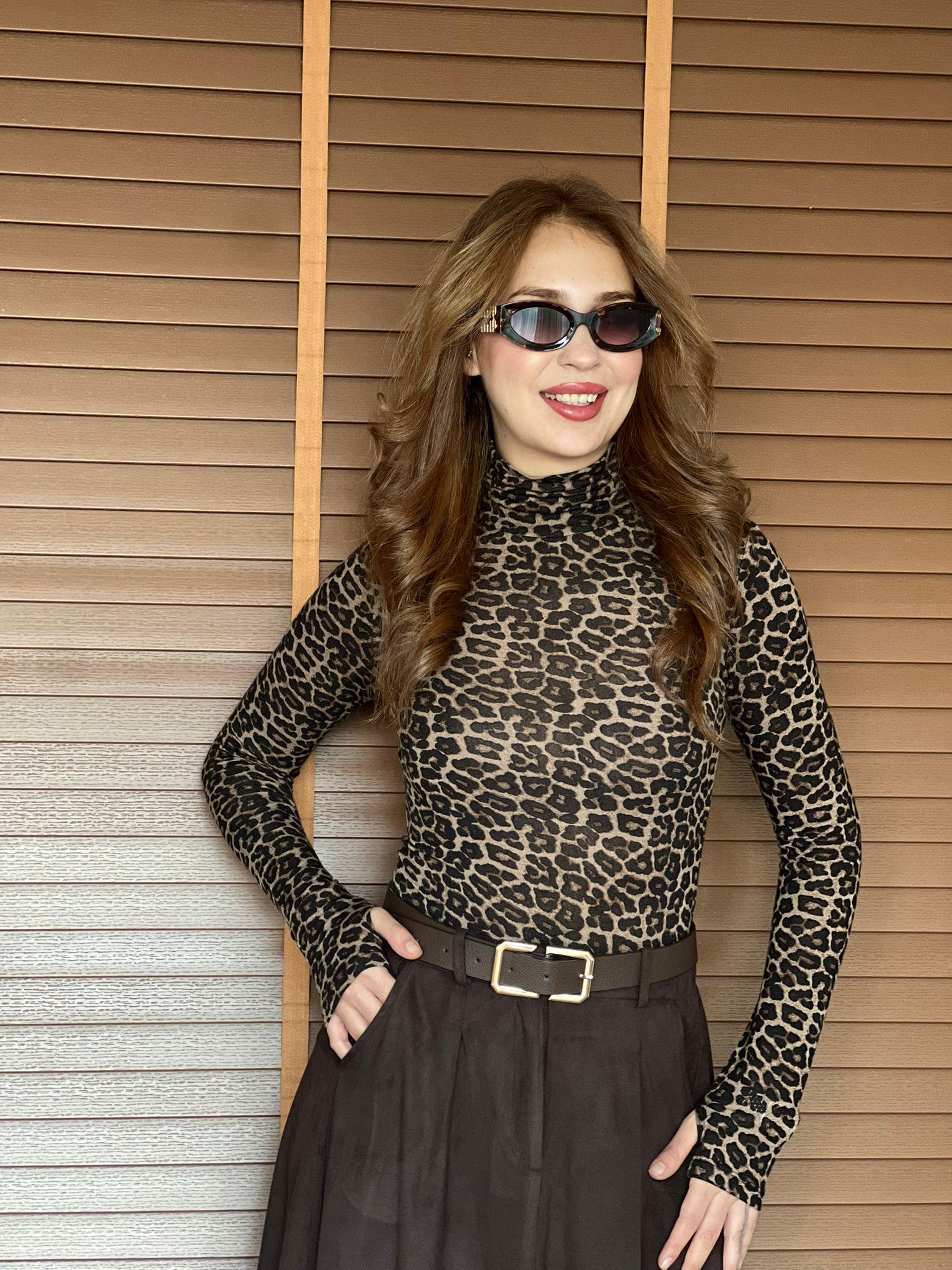 Balıkçı Yaka Leopar Desen Bluz 32321 Kahverengi