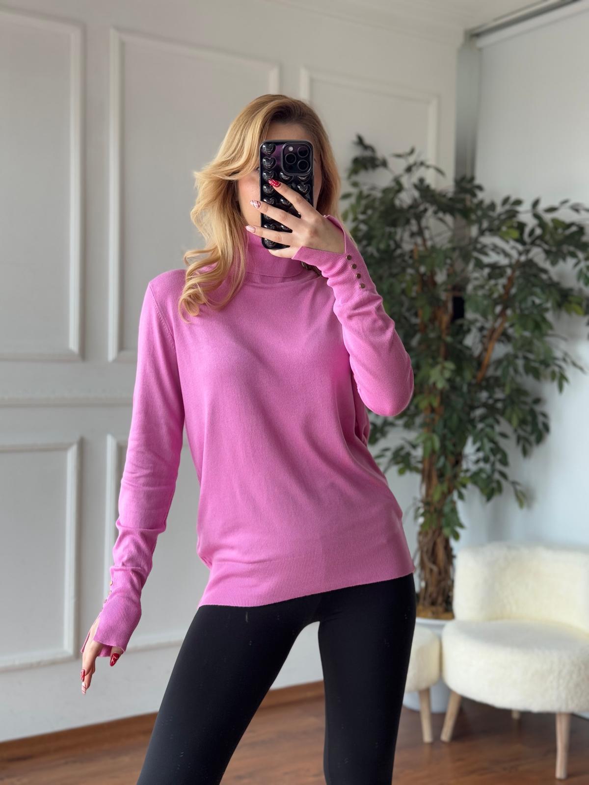 Balıkçı Yaka Manşetleri Çıtçıtlı Triko 3315 Pembe