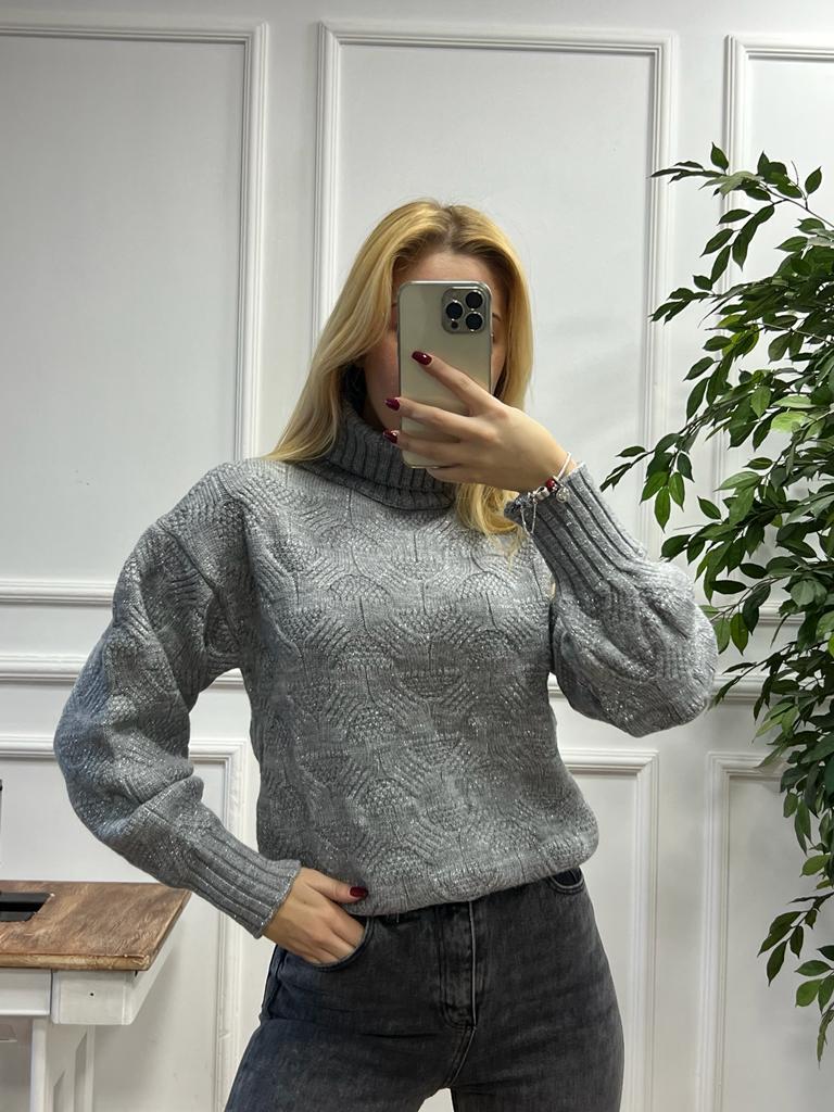 Balıkçı Yaka Simli Kazak 70263 Gri