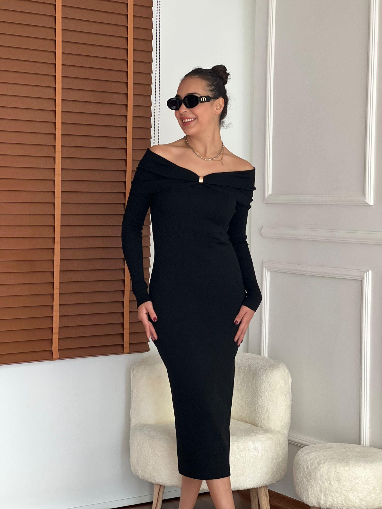 Bardot Yaka Aksesuar Detaylı Triko Elbise 90261 Siyah