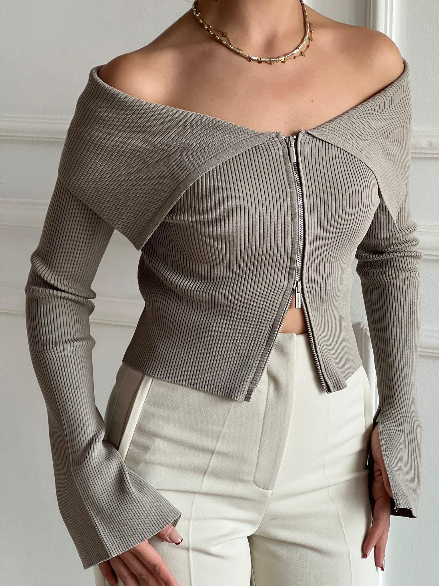 Bardot Yaka Kol Yırtmaçlı Fermuarlı Triko Hırka 60252 Vizon