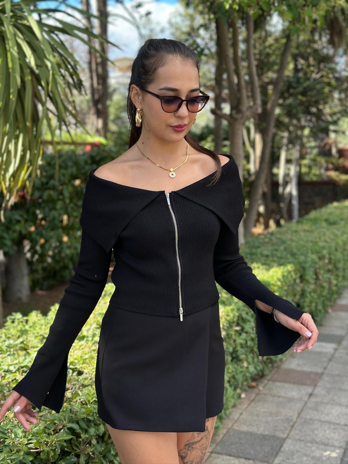 Bardot Yaka Kol Yırtmaçlı Fermuarlı Triko Hırka 60252 Siyah