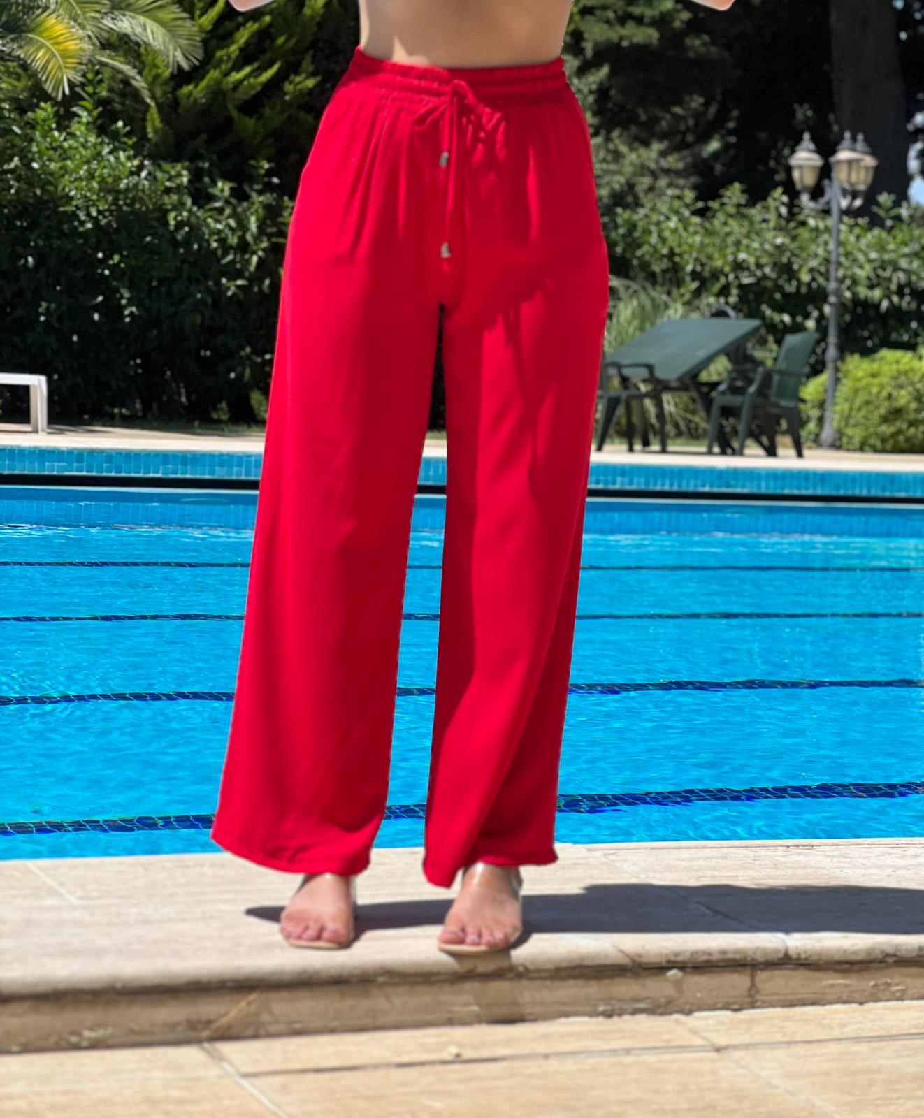 Beli Lastikli Palazzo Pantolon 70858 Kırmızı