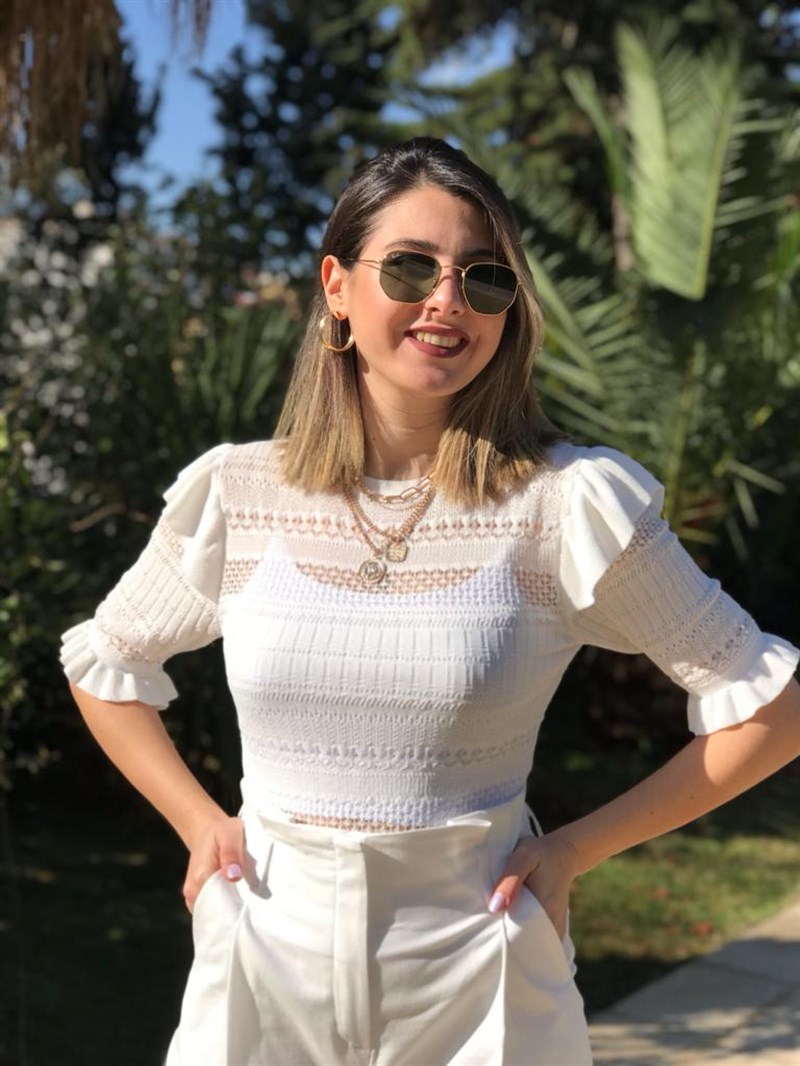 Bisiklet Yaka Ajurlu Fırfırlı Kısa Kol Kazak 2581 Beyaz