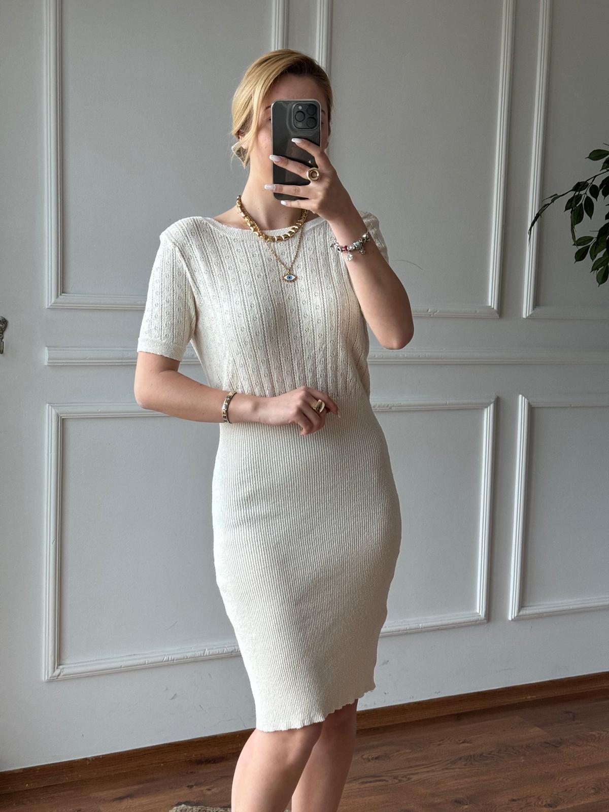 Bisiklet Yaka Arkası Dantel Elbise 90187 Ekru