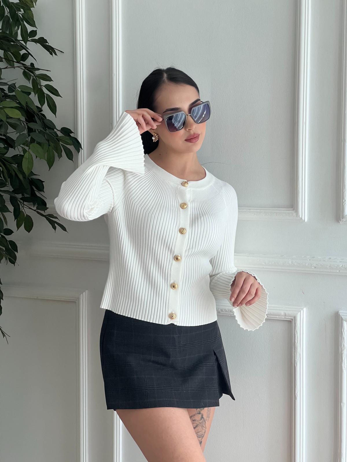 Bisiklet Yaka Düğmeli İspanyol Kol Triko Hırka 60246 Ekru