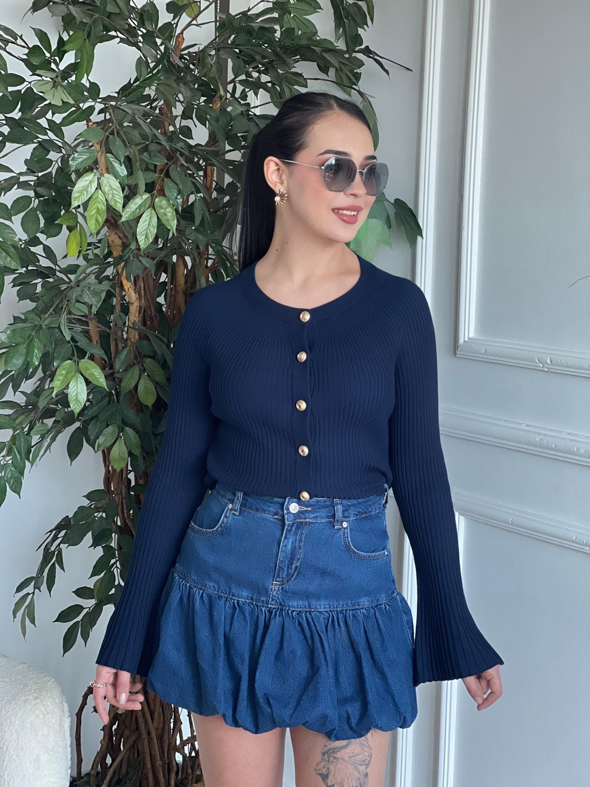 Bisiklet Yaka Düğmeli İspanyol Kol Triko Hırka 60246 Lacivert
