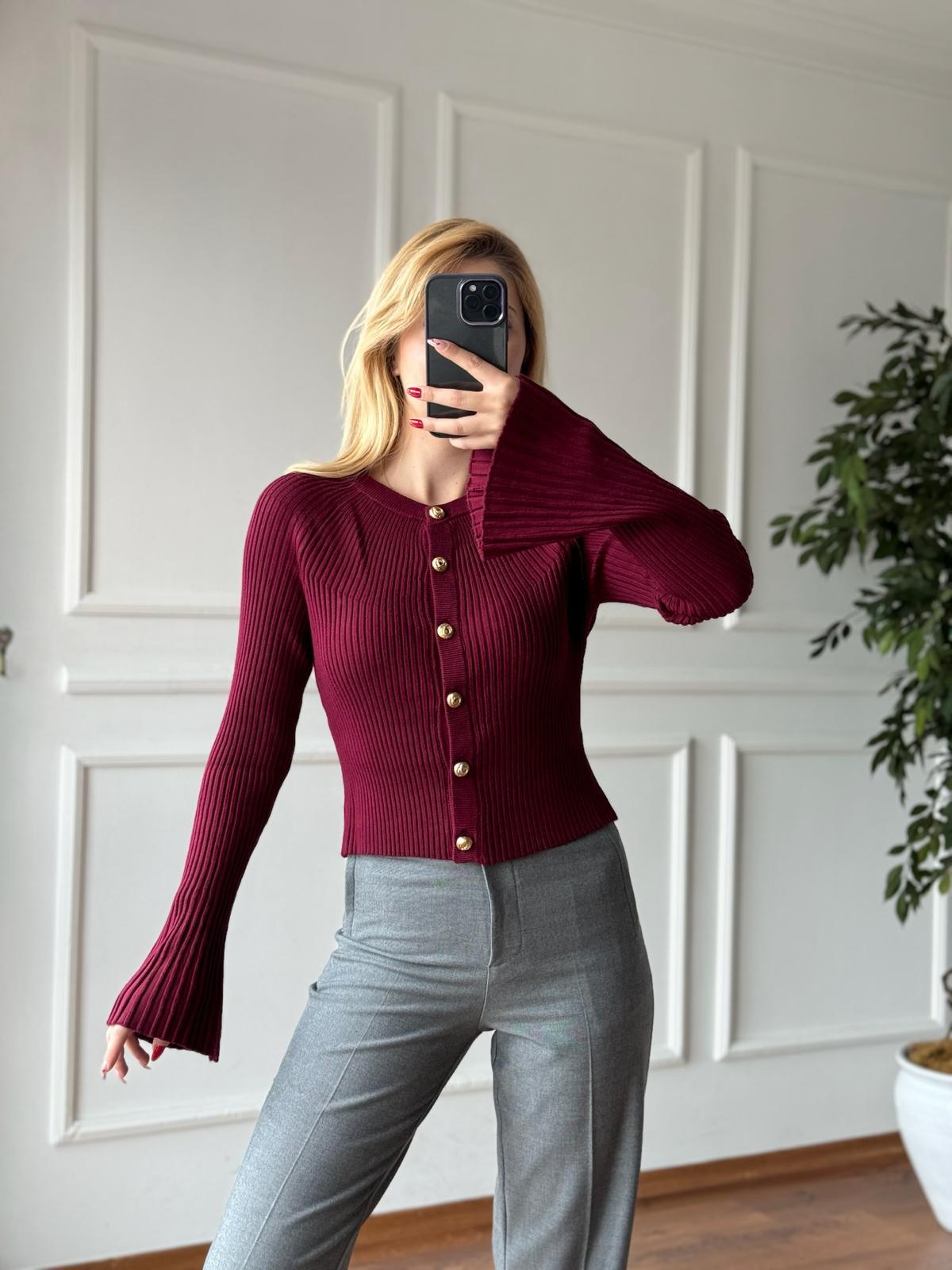 Bisiklet Yaka Düğmeli İspanyol Kol Triko Hırka 60246 Bordo