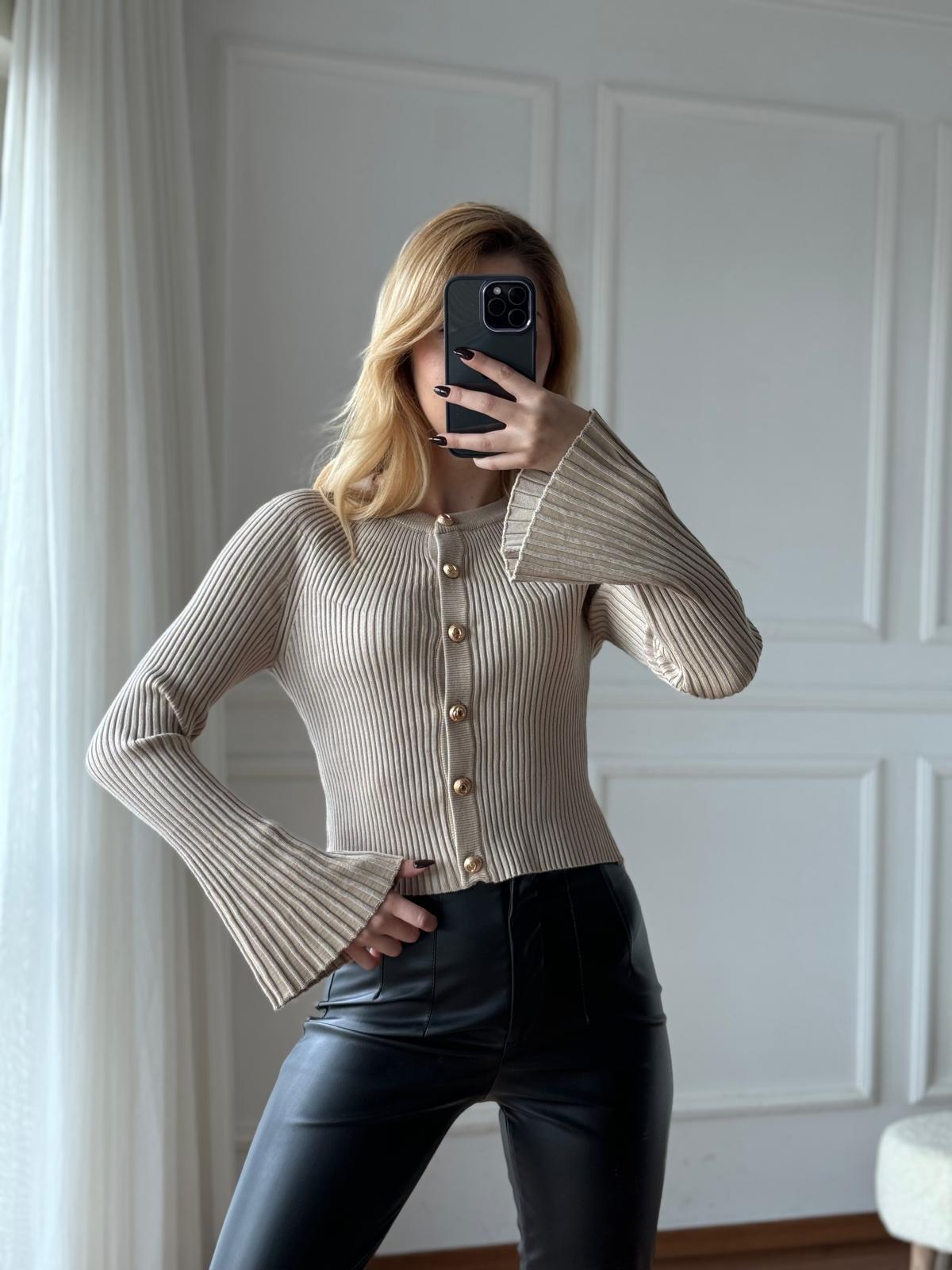 Bisiklet Yaka Düğmeli İspanyol Kol Triko Hırka 60246 Açık Bej