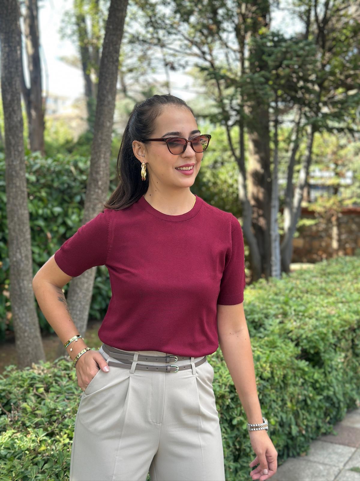 Bisiklet Yaka Kısa Kol Triko Bluz 10779 Bordo