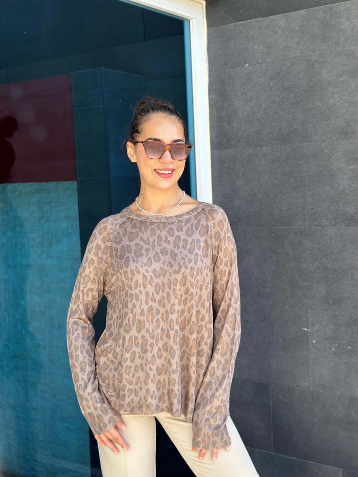 Bisiklet Yaka Leopar Desen Triko 10666 Vizon