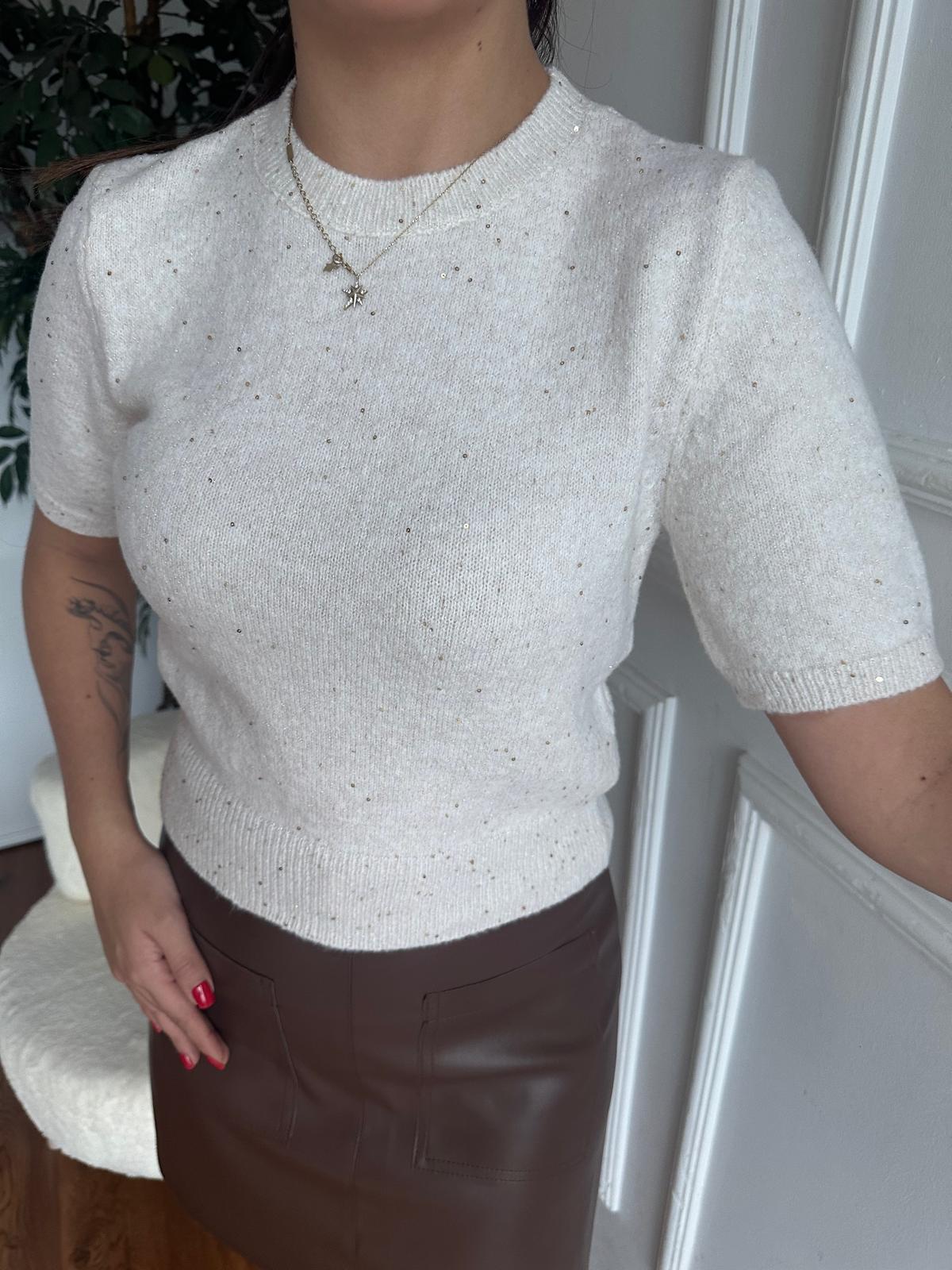 Bisiklet Yaka Pullu Simli Triko Kazak Krem