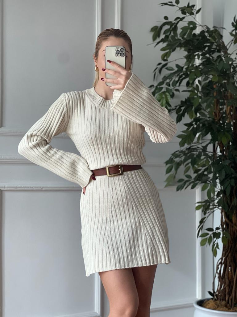 Bisiklet Yaka Triko Elbise 5124 Taş