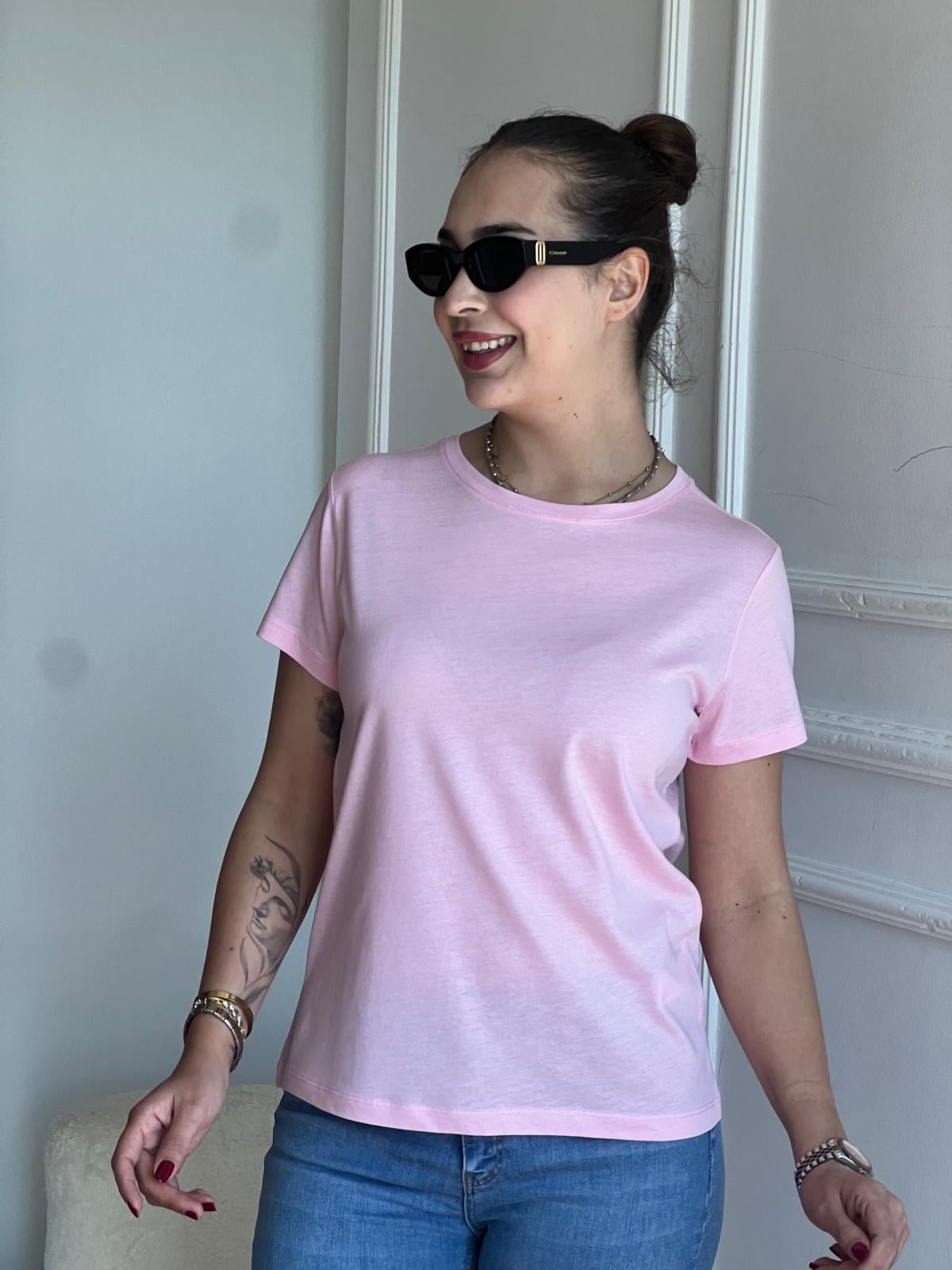 Bisiklet Yaka Tshirt 32852 Toz Pembe