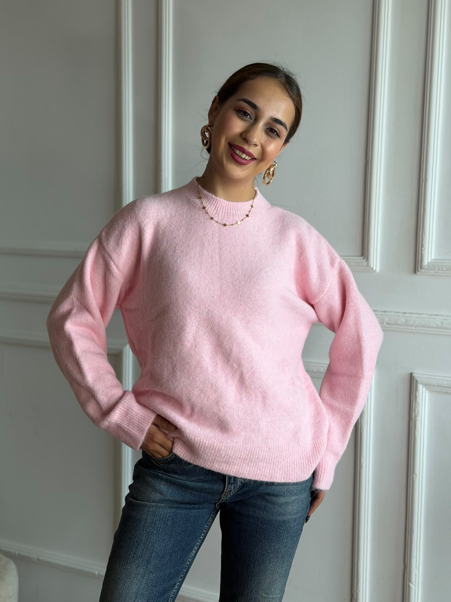 Bisiklet Yaka Yumuşak Dokulu Kazak 10640 Pembe
