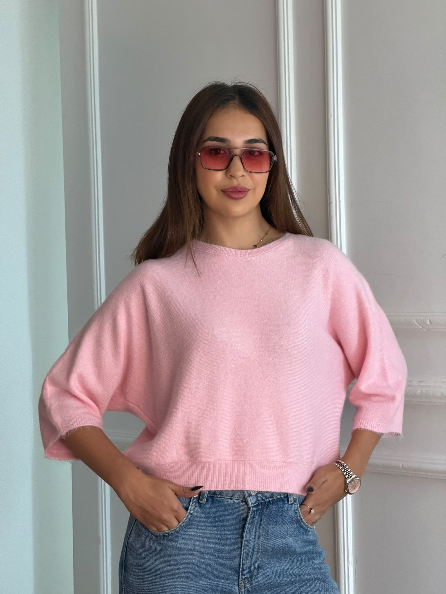 Bisiklet Yaka Yumuşak Dokulu Kazak 10852 Toz Pembe
