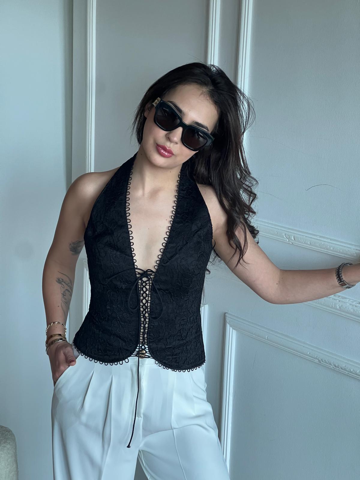 Boyundan Askılı Korsajlı Bluz 202900 Siyah