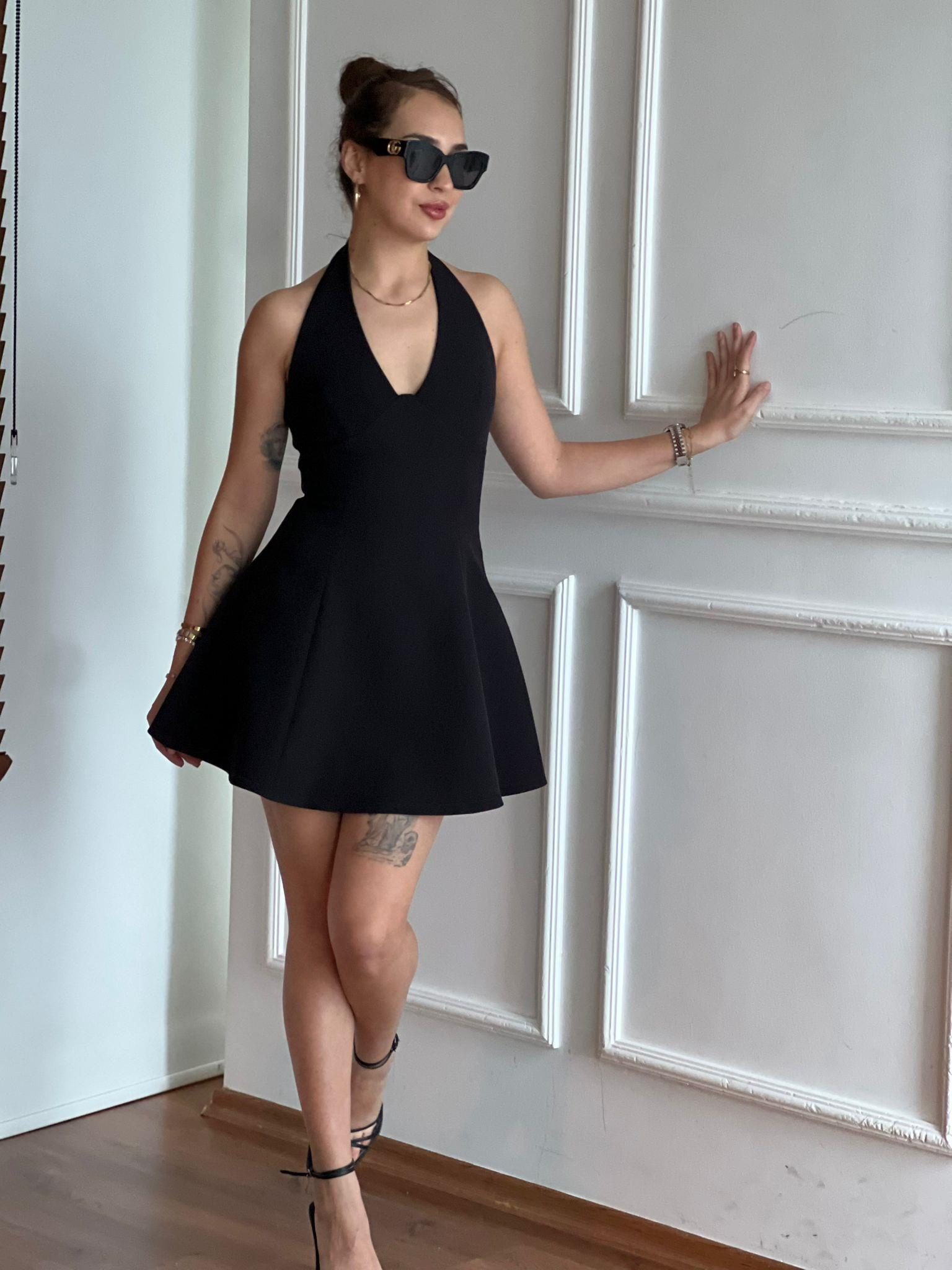 Boyundan Askılı Mini Elbise 01467 Siyah