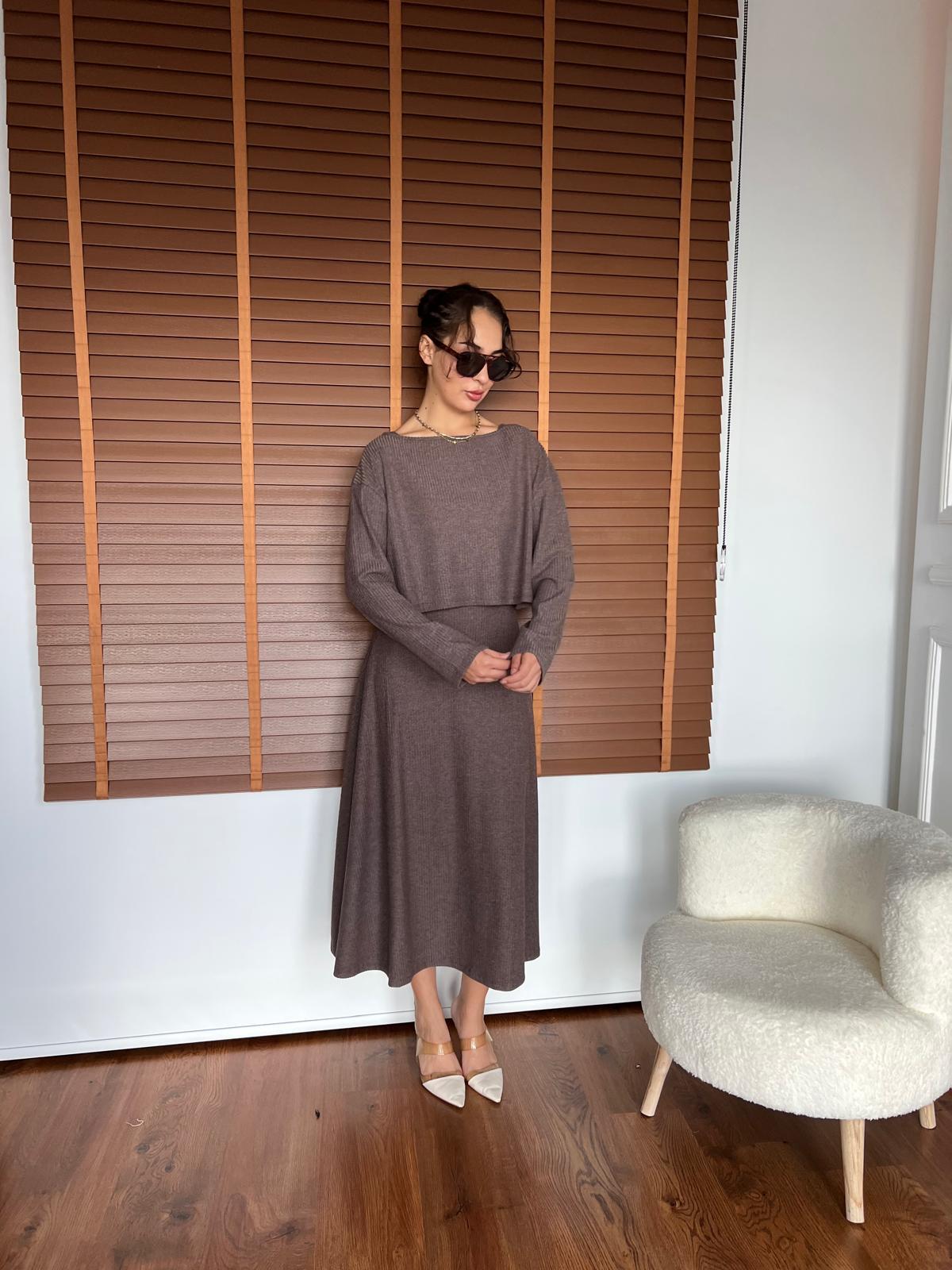 Büstiyer Bluzlu Örme Elbise 17721-17720 Kahverengi