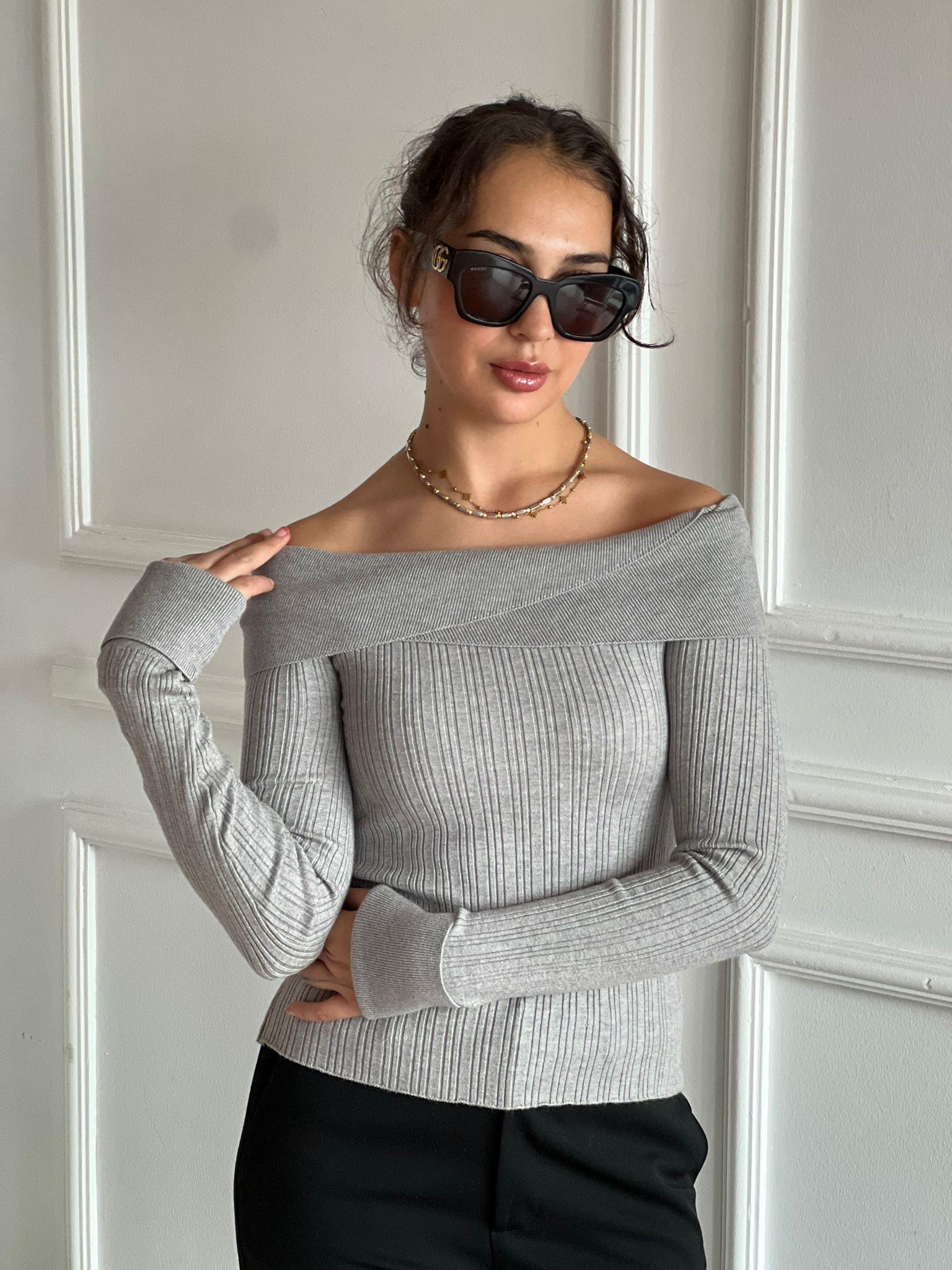 Çapraz Madonna Yaka Triko Bluz 17732 Gri