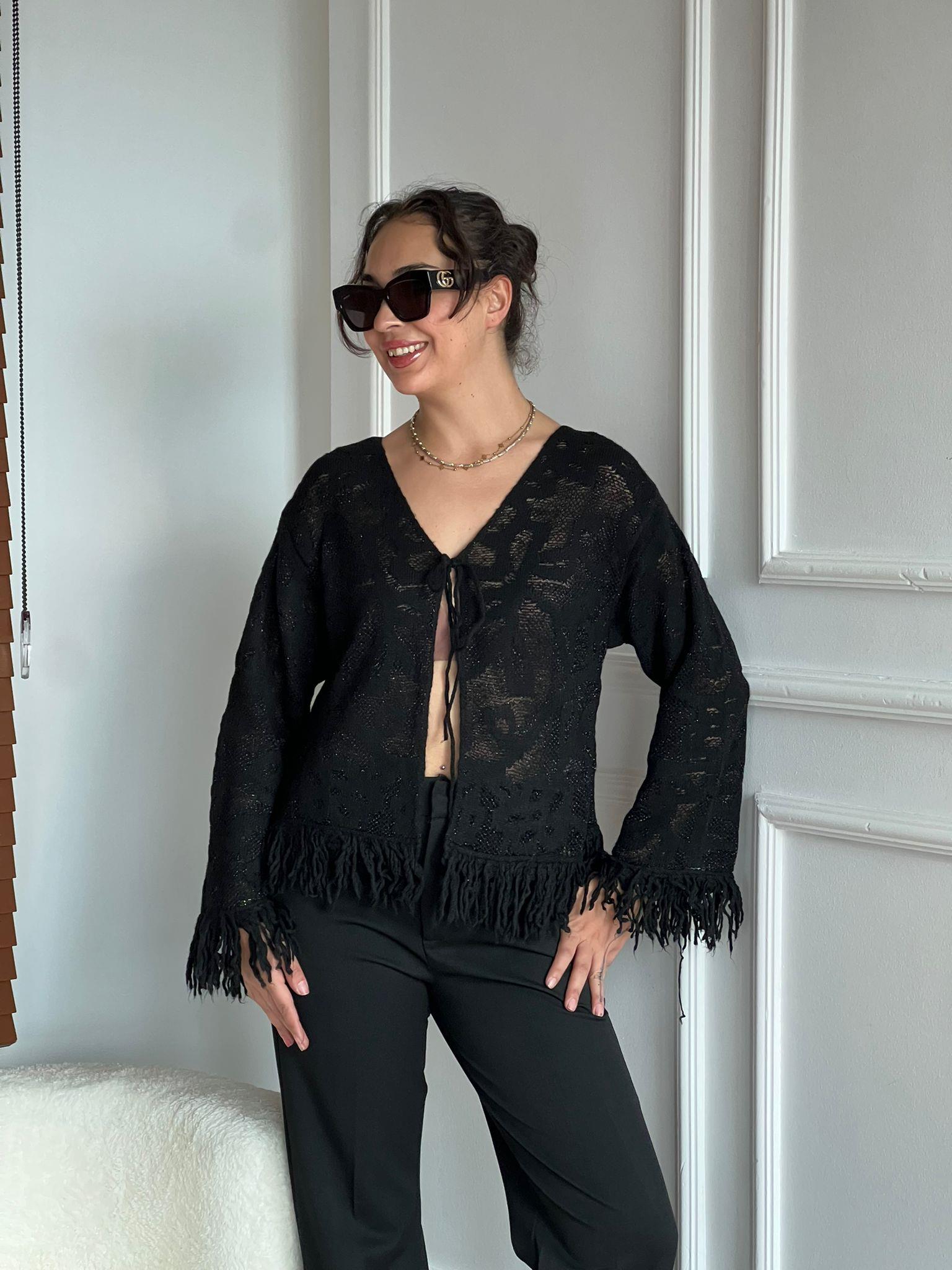 Çiçek Desenli Triko Hırka 4624 Siyah