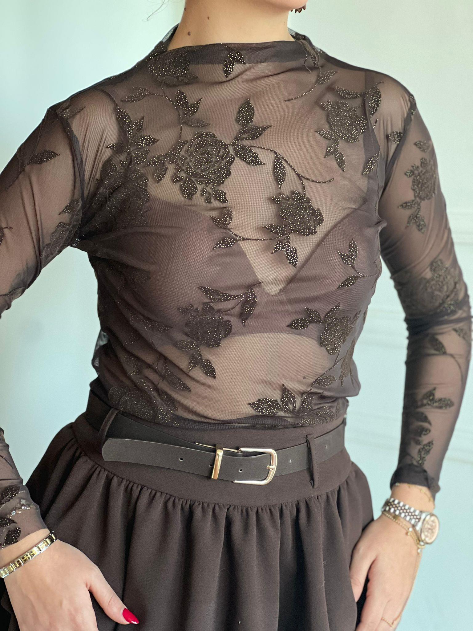 Çiçek Detaylı Transparan Bluz 30581 Kahverengi