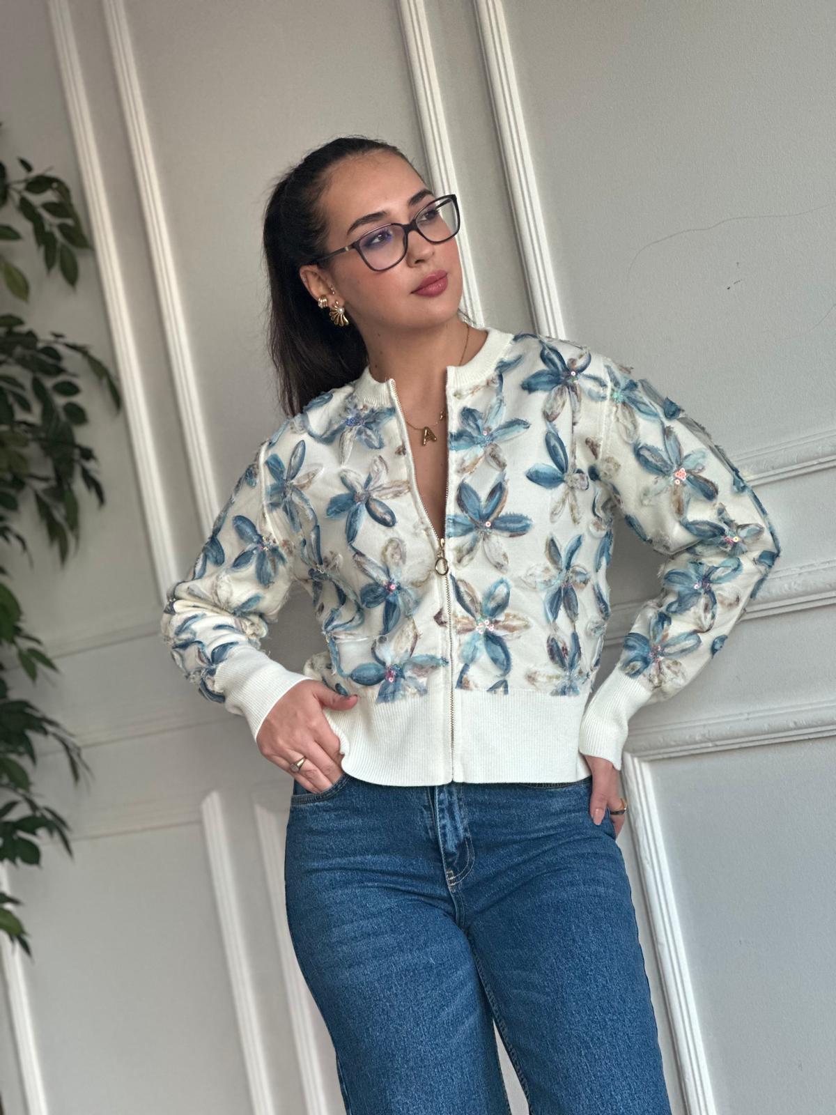 Çiçek İşlemeli Fermuarlı Hırka 24435 Ekru