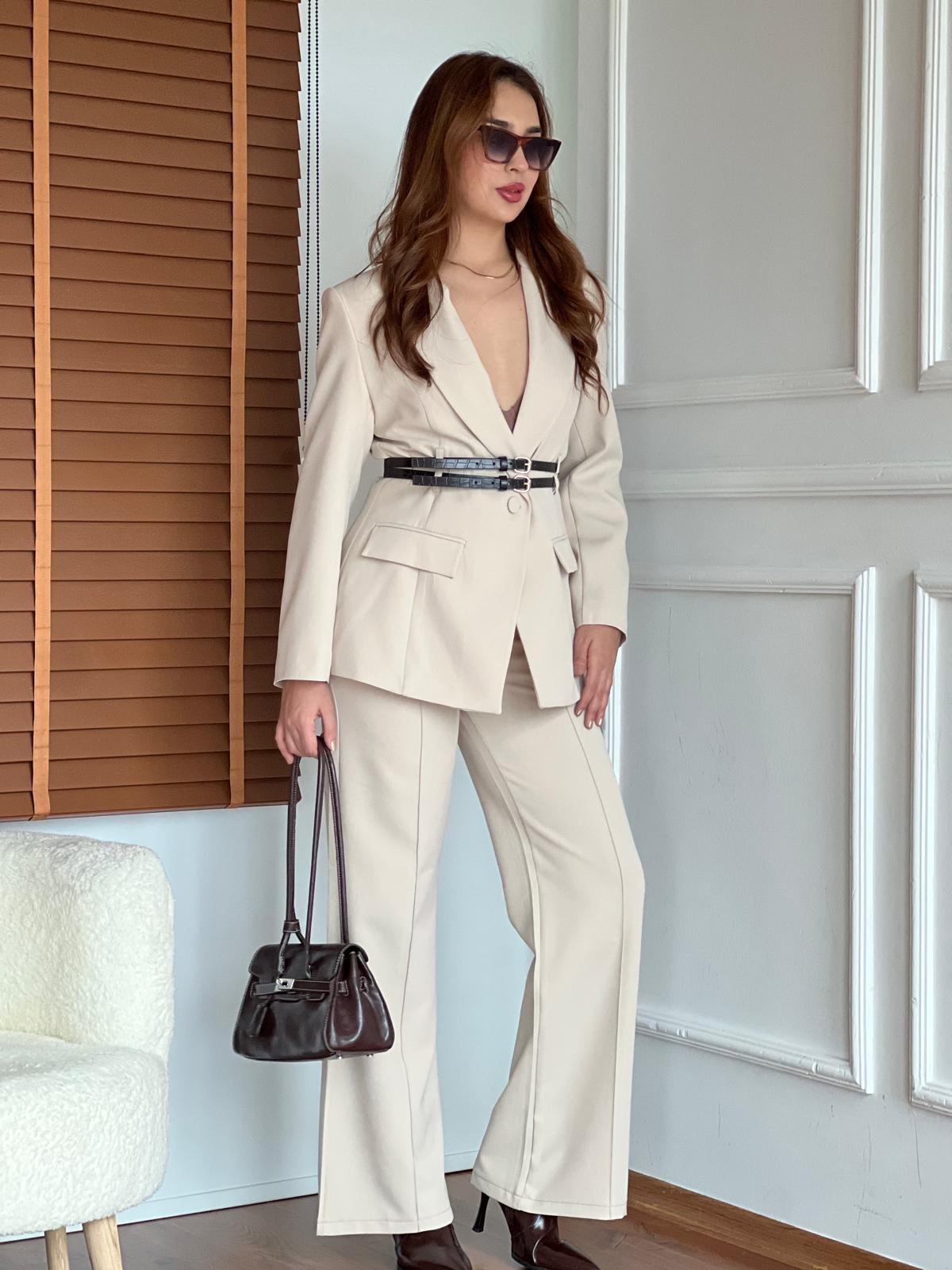 Çift Deri Kemerli Ceket Pantolon Takım 9268 Taş