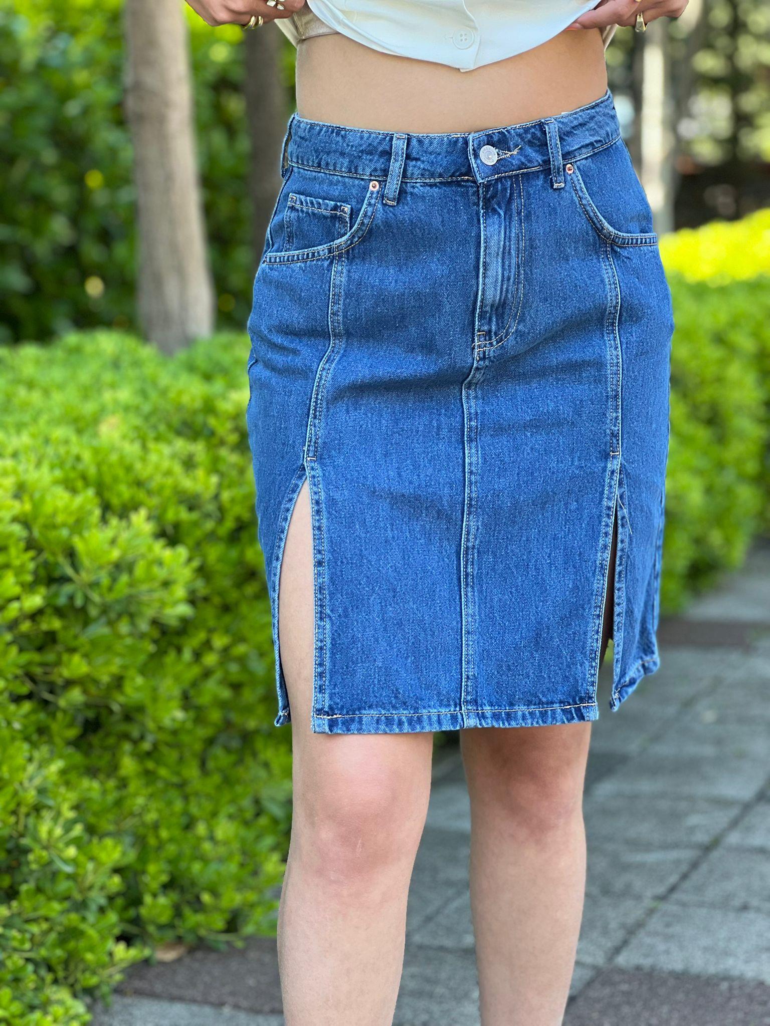 Çift Yırtmaçlı Midi Kot Etek 80584 Mavi